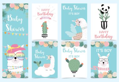  Mavi pembe el çekilmiş şirin kart Lama, yıldız, gözlük, kaktüs ile