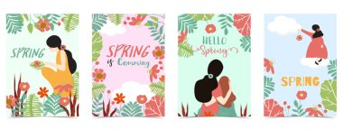 Mavi, pembe, yeşil el çekilmiş bahar kartpostal ile kadınlar, kızı, f
