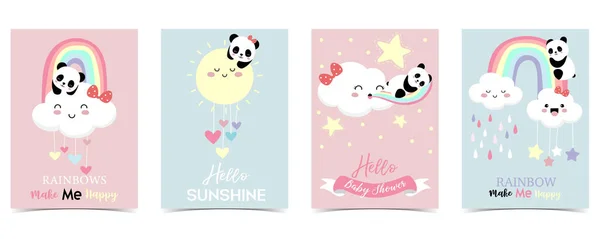 Πολύχρωμο χέρι συρμένο χαριτωμένο κάρτα με ουράνιο τόξο, καρδιά, cloud panda και — Διανυσματικό Αρχείο