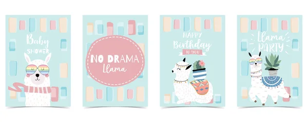 Pastel bebé ducha invitación tarjeta con llama y cactus — Archivo Imágenes Vectoriales