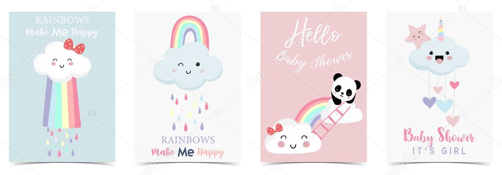 Colorful hand drawn cute card with rainbow,heart,cloud,panda and