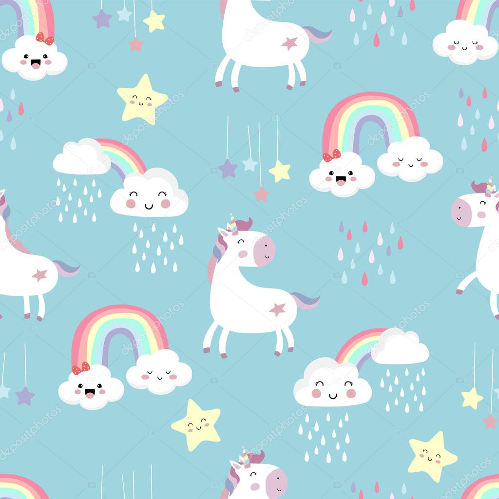 Pink blue violet hand drawn seamless pattern with rainbow,heart,cloud,unicorn and rain