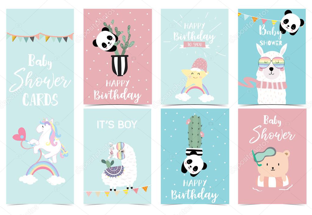 pastel baby shower invitation card with unicorn,star,bear,llama 