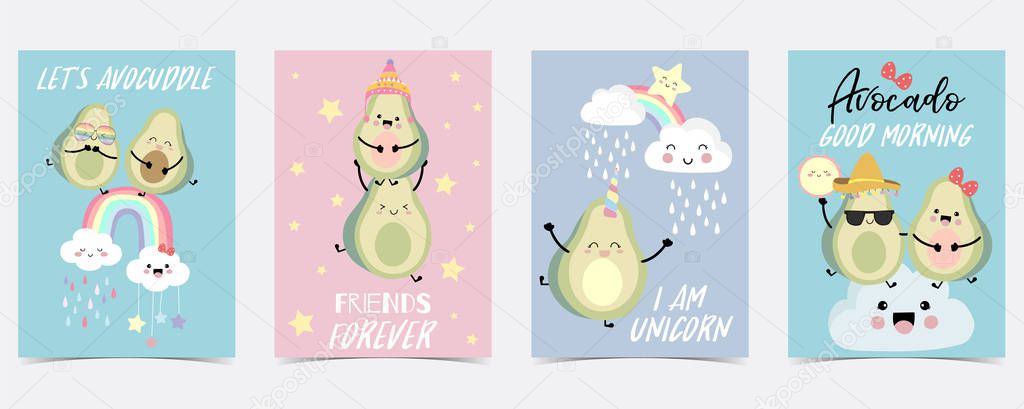 Green blue hand drawn with rainbow,star,cloud,flag,unicorn avocado.Friend forever,Let's avocuddle