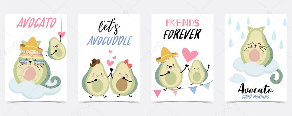 Green blue hand drawn with cloud,flag,unicorn avocado.Friend forever,Let's avocuddle