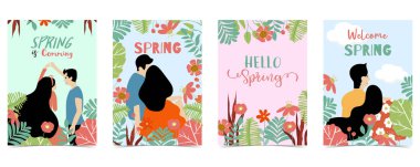 Mavi, turuncu, yeşil el çift ile mevsimlik kartpostal çizilmiş, flowe