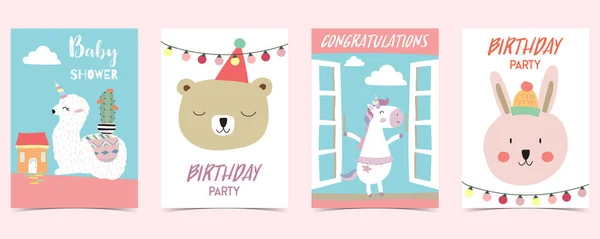 Pastel card with unicorn,star,bear,llama,rabbit — Stock Vector