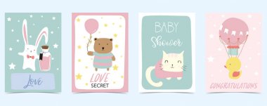 ayı, tavşan, kedi ile pastel kart