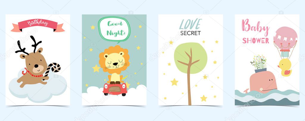 Pastel card with raindeer,lion;tree;whale