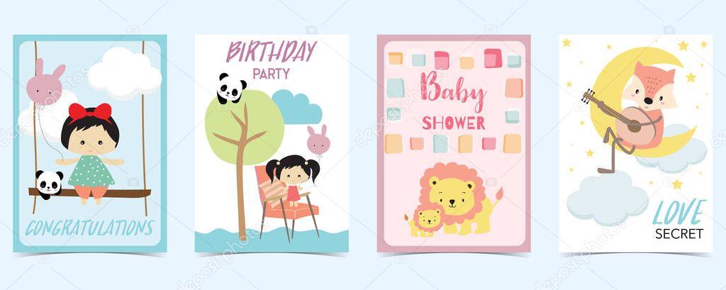 Pastel card with girl,tree,lion,fox