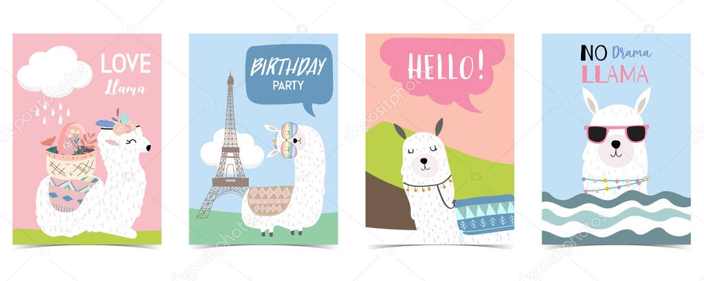 pastel card with llama,eiffel tower