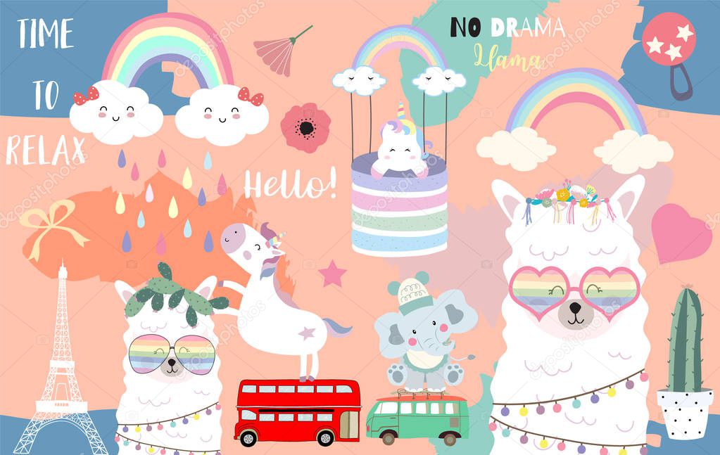 Colorful hand drawn cute card with llama, rainbow,unicorn,sloth,