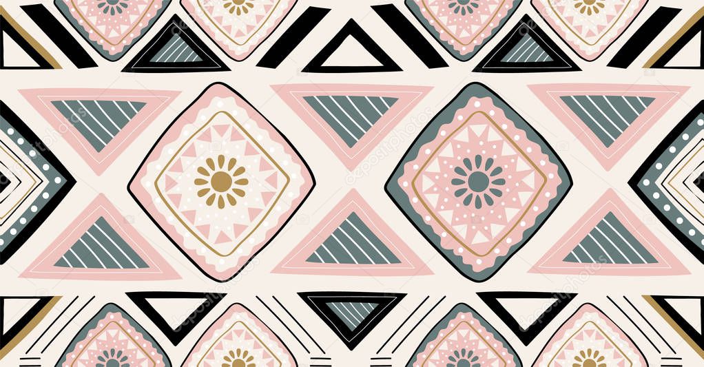 pink green black geometric seamless pattern in African style wit