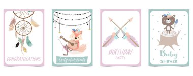 tüy, ayı, tilki ile pastel kart