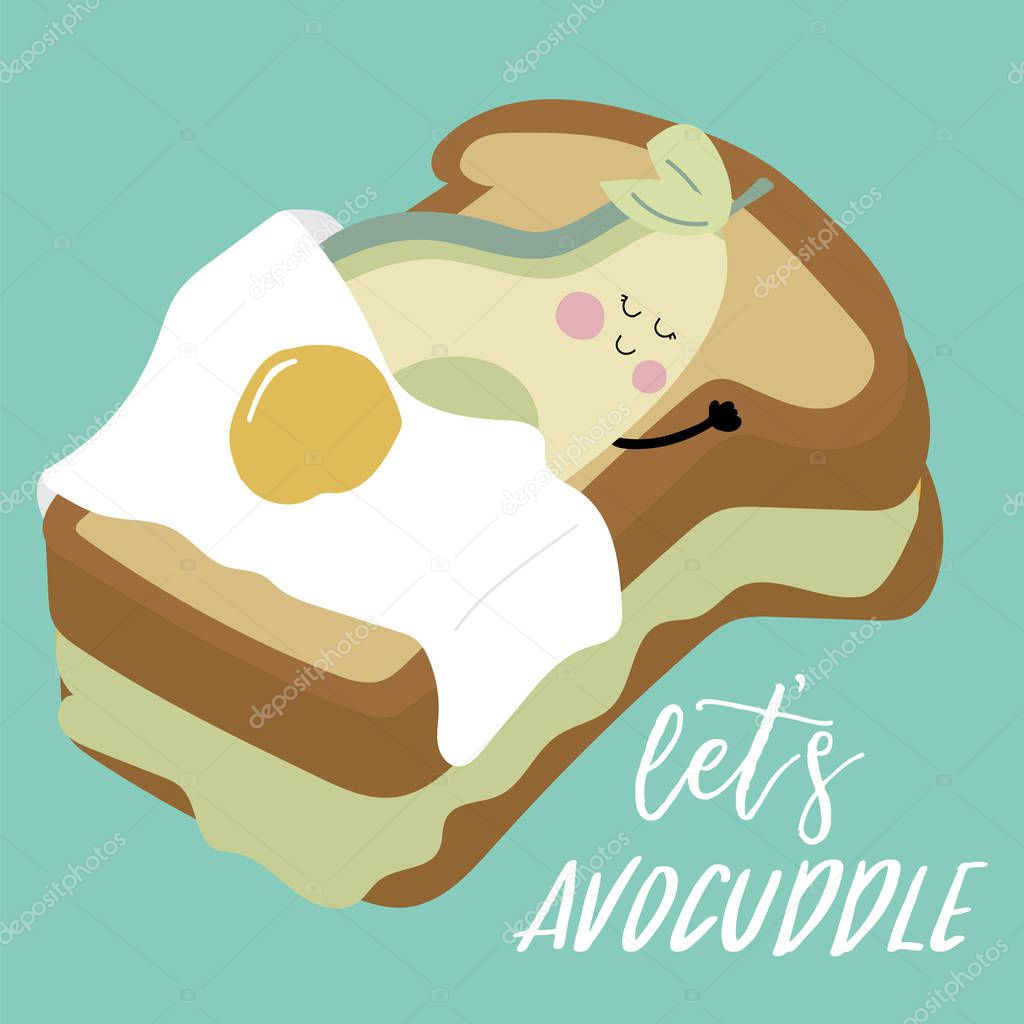 Pink green blue hand drawn with egg,avocado sleep.Let's avocuddle