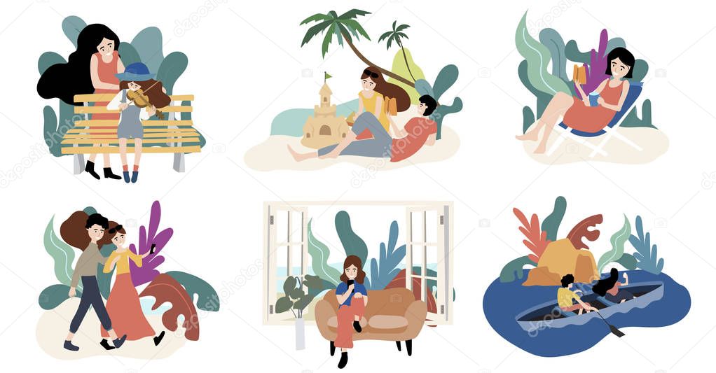 Family character design with activity on play viloin,sit on beach, read book,signseeing,play mobile,boating
