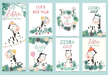 Şapka, palmiye, balon, kurdele ve l ile belirlenen zebra parti koleksiyonu