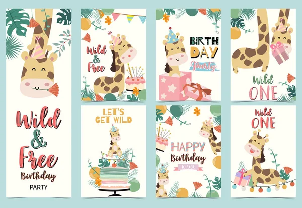 Zürafa oturma ve ayakta yeşil doğum günü kartı, pasta, palmiye, — Stok Vektör