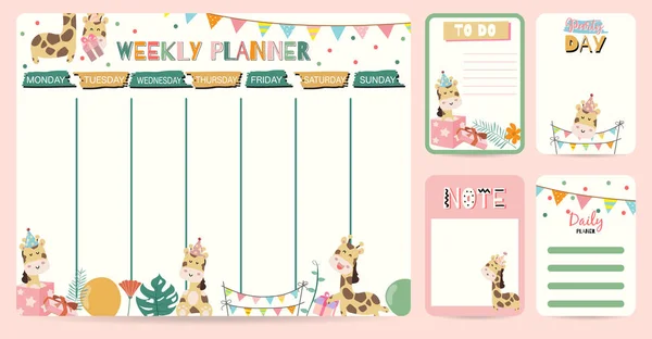 Planejador semanal Pastel com girafa, bandeira, caixa de presente, balão — Vetor de Stock