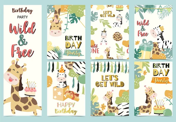Biglietto di compleanno verde con giraffa, zebra e in piedi, torta, palma e — Vettoriale Stock