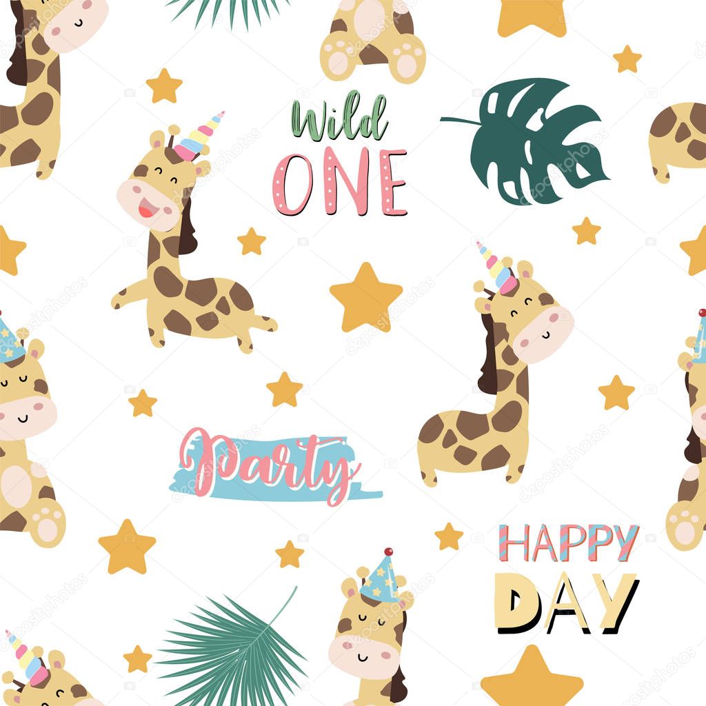 Green pastel seamless pattern with  giraffe smiling,horn,star. W