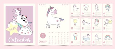 Doodle pastel takvim set 2020 Unicorn, gökkuşağı, c için bulut ile