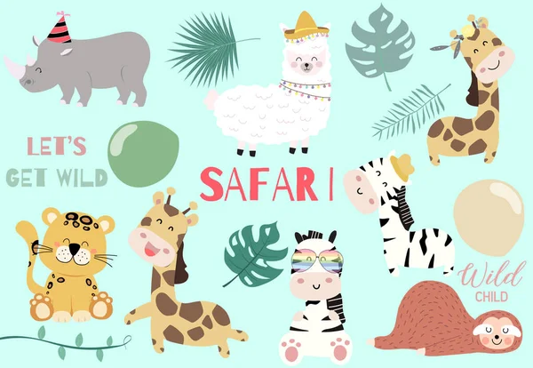 Zürafa, kaplan, zebra, Sloth, lla ile vahşi hayvan seti koleksiyonu — Stok Vektör