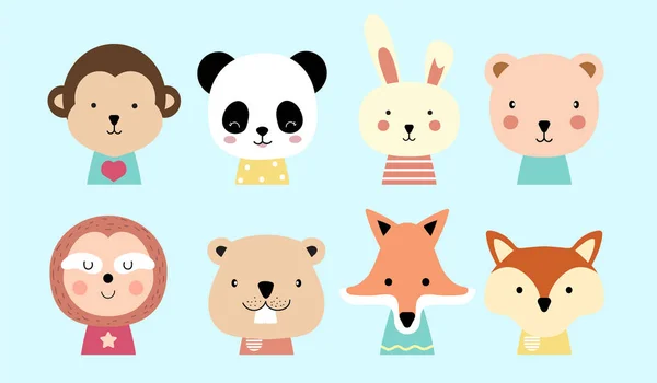 Set van schattige dieren met aap, Panda, konijn, Beer, luiaard, eekhoorn — Stockvector