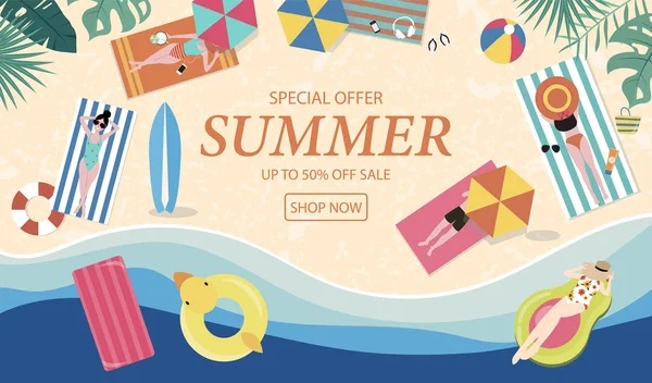 Verão venda fundo com pessoas minúsculas, guarda-chuvas, bola, natação rin — Vetor de Stock
