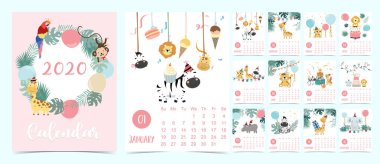 Hayvan takvimi 2020 fil, zürafa, kaplan, tilki, papağan ile 