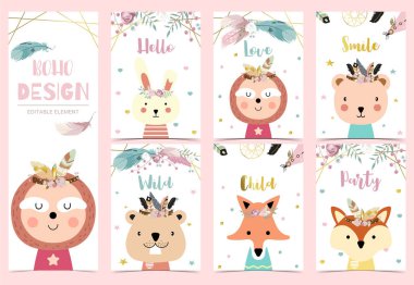 Tüy, dreamcatcher, ayı, yuva ile ayarlanmış boho kartları koleksiyonu