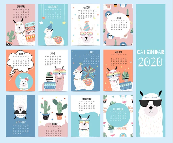 Calendario animali 2020 con lama per bambini.Può essere utilizzato per — Vettoriale Stock