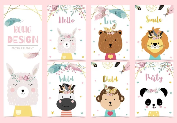 Collezione di carte boho set con piuma, acchiappasogni, orso, lama — Vettoriale Stock