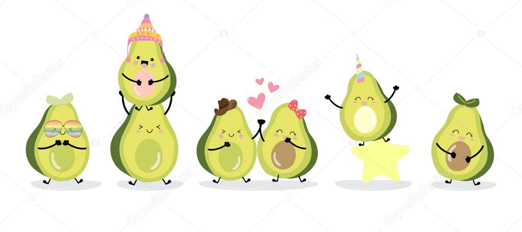 Cute avocado character with friend. Vector illustration for birt