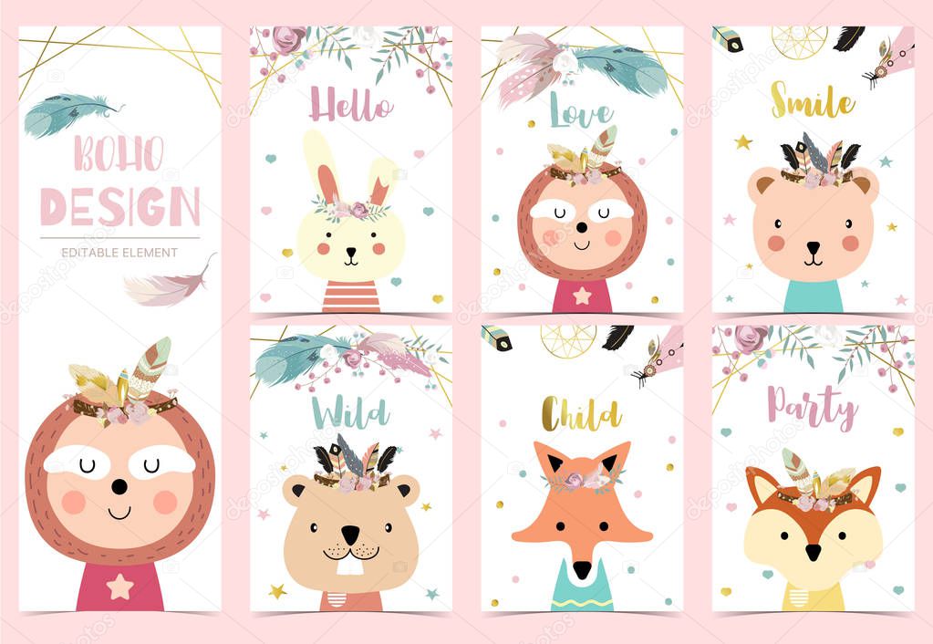 Collection of boho cards set with feather,dreamcatcher,bear,sloth,llama.Vector illustration for birthday invitation,postcard and sticker.Editable element