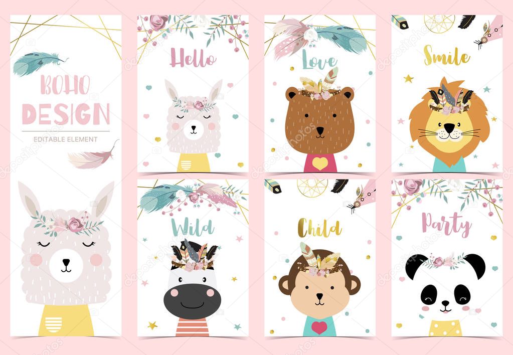 Collection of boho cards set with feather,dreamcatcher,bear,llama,panda.Vector illustration for birthday invitation,postcard and sticker.Editable element
