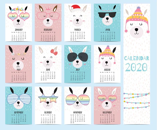 Календар тварин 2020 з ламою для дітей. Може бути використаний для ап — стоковий вектор