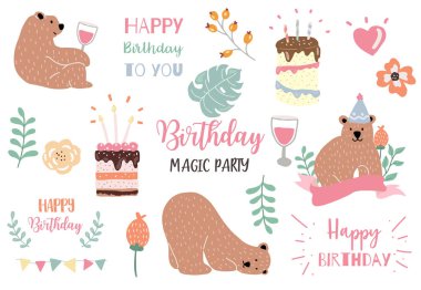 ayı ile pastel doğum günü seti, pasta, terk, çiçek, kalp illustrati
