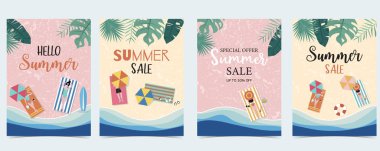 Küçük insanlarla yaz satışı arka plan, şemsiye, top, yüzme Rin