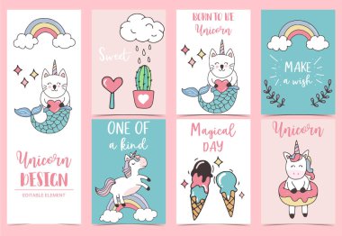 Caticorn, kaktüs, buz cr ile ayarlanmış tek boynuzlu at arka plan koleksiyonu