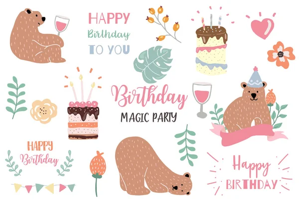 Pastel conjunto de cumpleaños con oso, pastel, licencia, flor, corazón illustrati — Archivo Imágenes Vectoriales