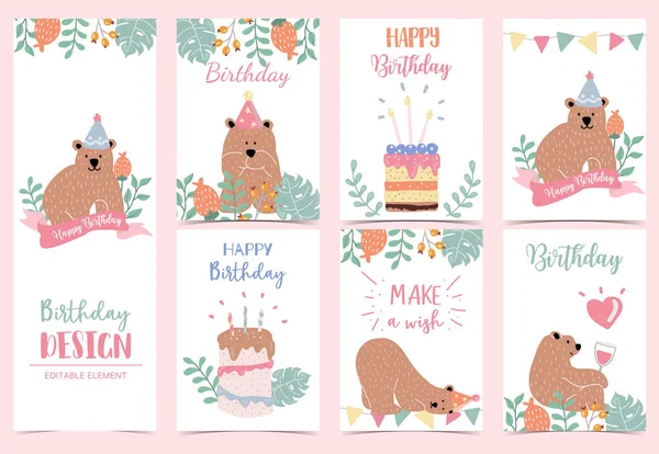 Collezione di sfondo di compleanno con orso, torta, foglie, flusso — Vettoriale Stock