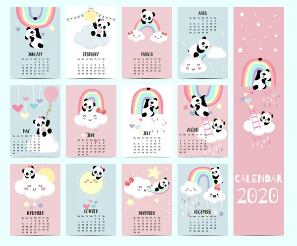 动物日历2020与熊猫，熊，彩虹为儿童。月尔 — 图库矢量图片