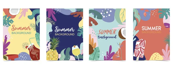 Green orange blue summer postcard with flower, juice, pineapple, wa — стоковый вектор