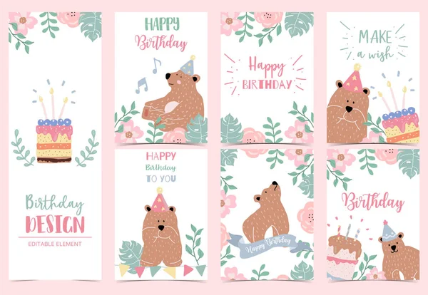 Collezione di sfondo di compleanno con orso, torta, foglie, flusso — Vettoriale Stock