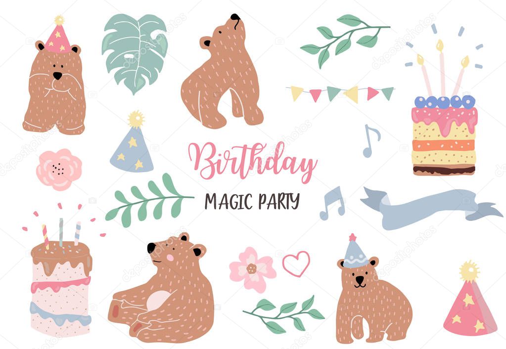 pastel birthday set with bear,cake,leave,flower illustration for