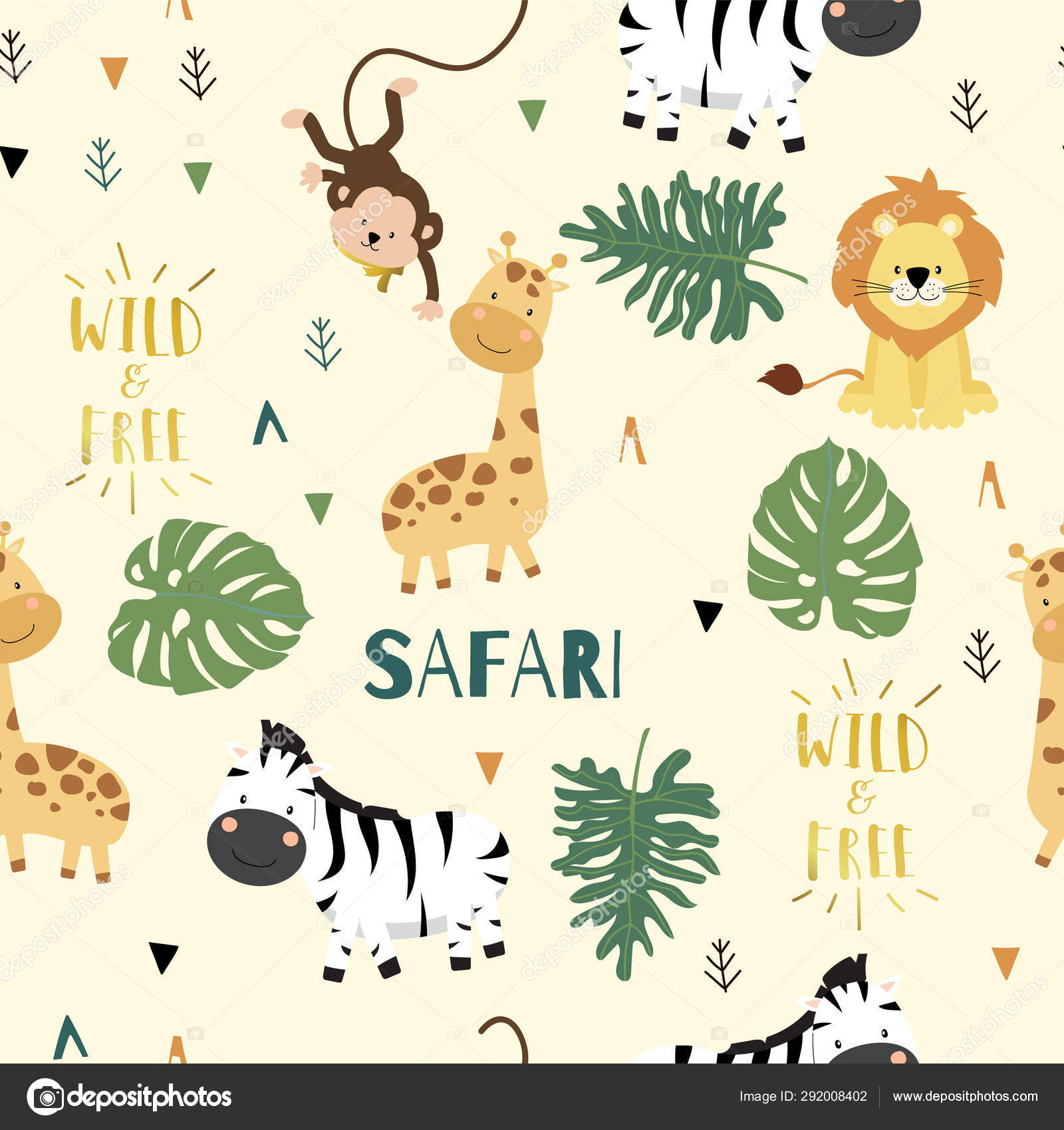 Cute safari background with giraffe,zebra,lion,monkey,leaves.Vec ...