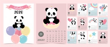 Doodle pastel takvim seti 2020 panda ile, gökkuşağı, kalp, balon