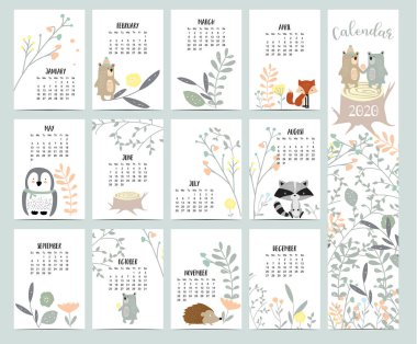 Doodle pastel ormanlık takvim seti 2020 tilki ile, kirpi, peng