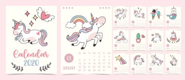 Doodle pastel takvim seti 2020 tek boynuzlu at ile, gökkuşağı, dondurma f